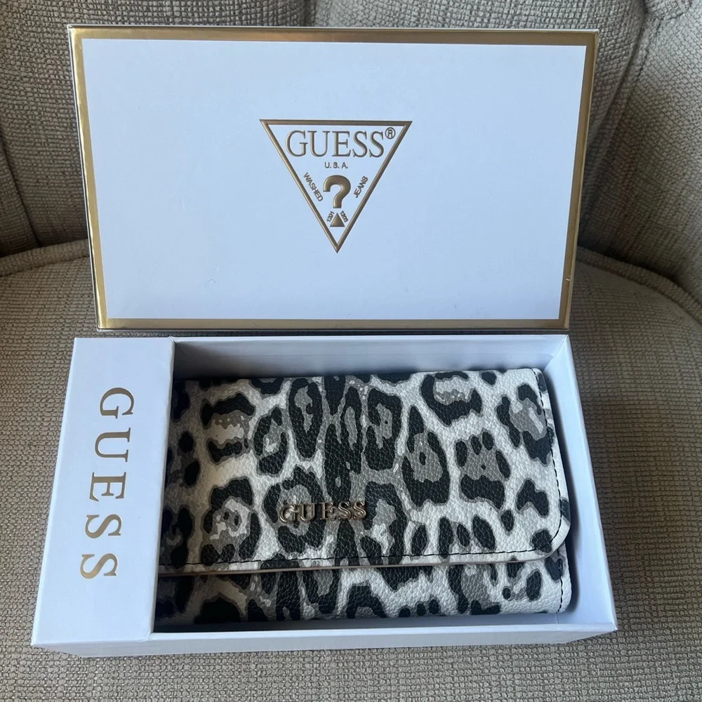 GUESS- “Tinsley” Black and White Leopard Print Women's Wallet